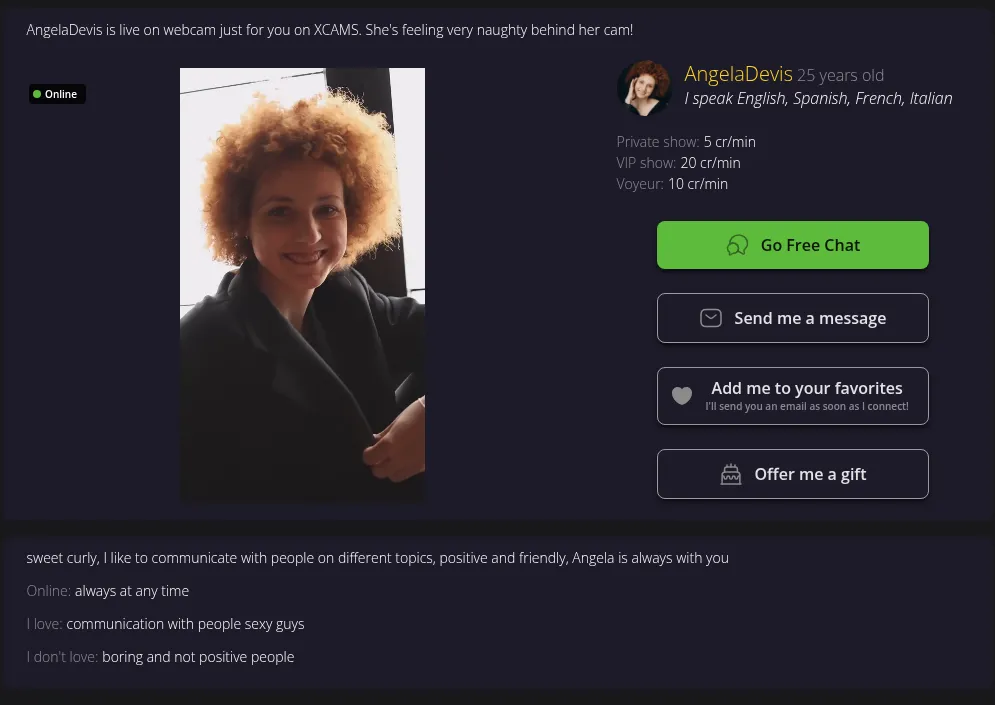 Model profile page with bio and rates