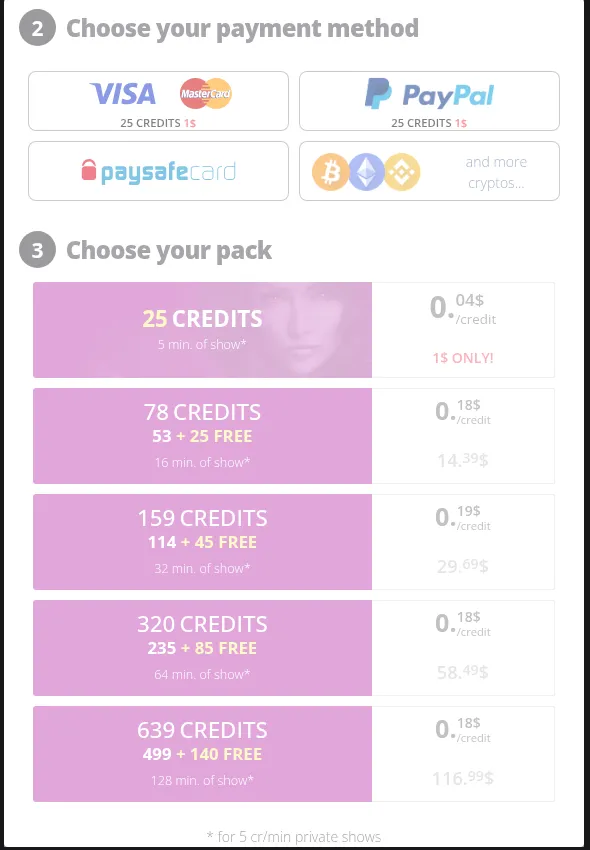 Credit packs and payment methods