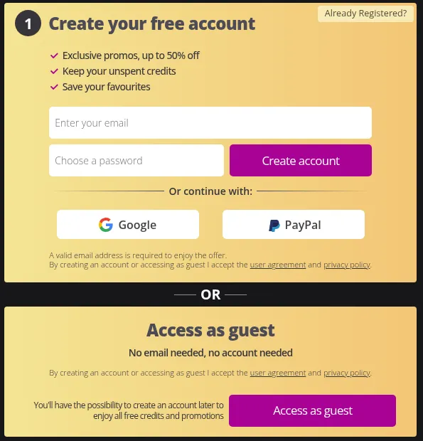 Free account registration form
